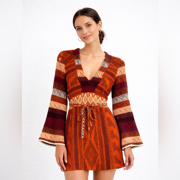 Free People Dresses & Skirts - Free People Boho Knit Sweater Patchwork Dress Sm Orange Alpaca Blend Bell Sleeve